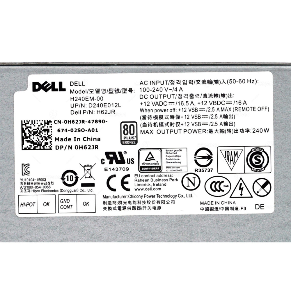 H62JR DELL 240W PSU 80 PLUS BRONZE WITH 4 PIN AND 8 PIN CONNECTOR FOR OPTIPLEX